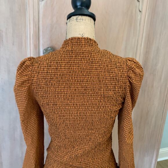 Scotch & Soda Smocked High Neck Top brown check gingham puff sleeve blouse FallS - Picture 3 of 15